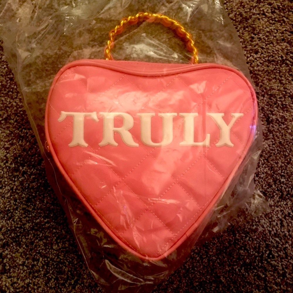 Truly Heart-Shaped Beauty Bag with Gold Toned Zipper and Gold Braided Handle